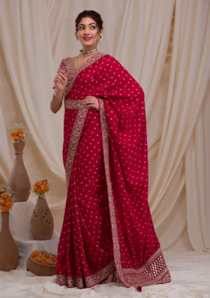 Rani Pink Zari & Sequins Work Raw Silk Saree